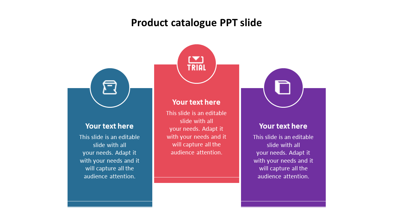 Stunning Product Catalog PPT Slide With Three Nodes Design